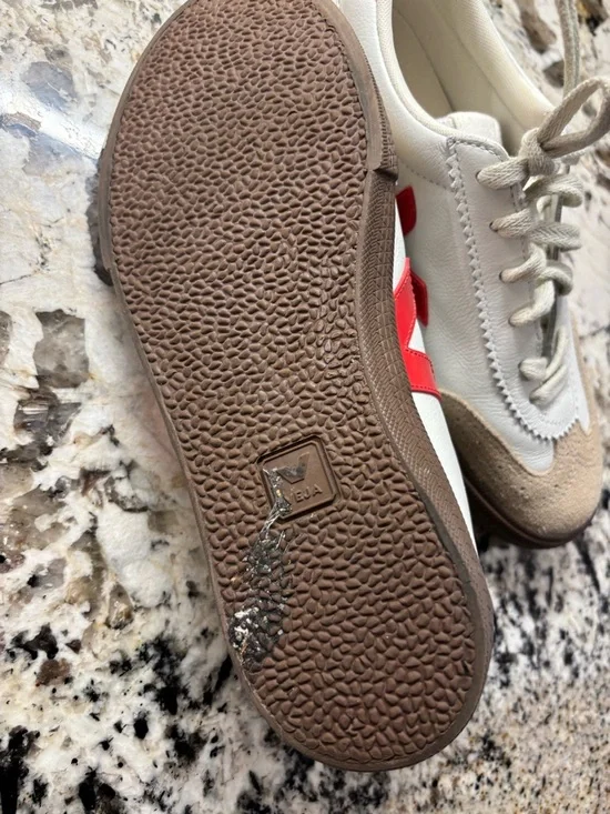 Veja Low-Top Leather Sneakers in White with V and Red Heel Tab Beige Suede - Picture 5 of 10